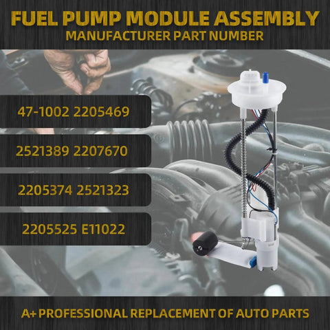 Electric Fuel Pump Assembly For Polaris Sportsman 450 570 850 1000 ATV with part numbers 2205469, 47-1002 displayed on engine backdrop.