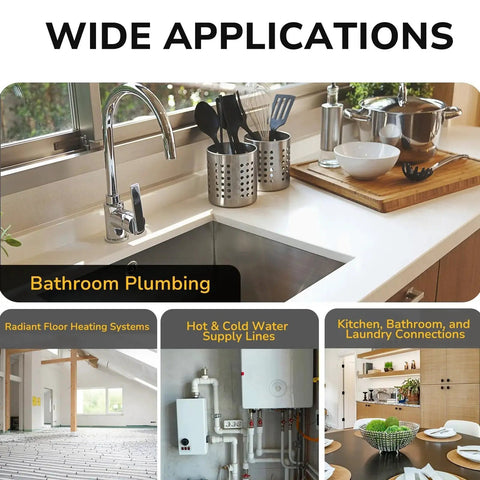 Wide applications of PEX elbows in bathroom plumbing, radiant floor heating, and kitchen connections, illustrated in several images.