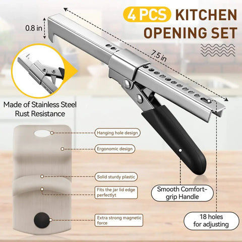 Four Piece Adjustable Jar Opener Set With Gripper For Arthritis Relief, Stainless Steel, 7.5 in tool, no sweat easy grip.