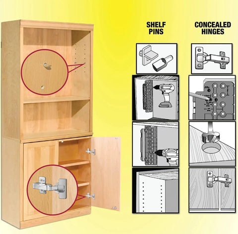 Cabinet Mate Shelf Pin Drilling Jig With One Quarter Inch Self Centering Brad Point Bit Included Built In Storage for pins and hinges