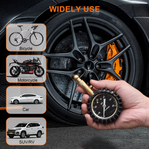 Tire pressure gauge with a 2-inch glowing dial, brass body, 60 PSI scale, held near a car wheel.