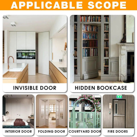 Graphic showcasing applications of hidden door hinges, including invisible doors, hidden bookcases, interior and folding doors.
