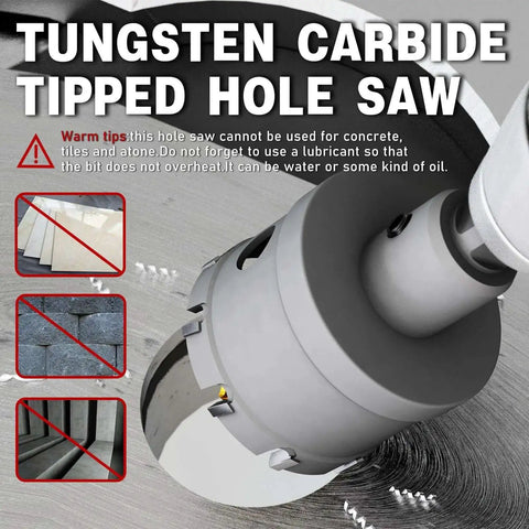 Image showing a tungsten carbide tipped hole saw in use cutting through metal. Includes warnings and material limitations.
