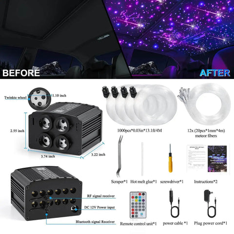 Headliner Kit With Four Color Fiber Optic Lights And Two In One Light Engine For Your Car Interior Glow Up, product contents view