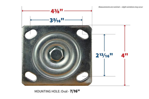 Top view of swivel plate for 8 Inch Pneumatic Caster Wheel With Swivel Plate And Ball Bearing Steel Hub Five Eighths Inch Bore 220 Pound Load Capacity 4 Inch Wide By 8 Inch Diameter Tire Ideal For Indoor And Outdoor Use showing measurements.