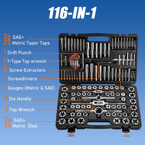 116 Piece Tap And Die Set With SAE And Metric Taps And Dies For Threading And Rethreading Internal And External Threads M3 To M18 Includes Tap And Die Wrenches Thread Gauges Screw Extractors Screwdriver Punch T Handle And Storage Case A Real Workhorse Kit displayed in open storage case
