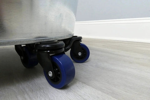Close-up of Tri Dolly 250 Lb Capacity 360 Degree Swivel Furniture Moving Dolly with blue TPU wheels and sealed ball bearings.