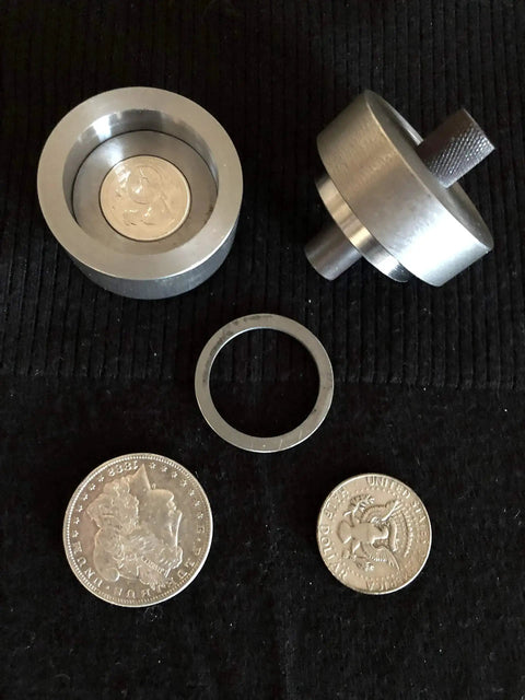Coin Ring Puncher And Spacer Set With Four Gold Tone Punches for jewelry making tools shown with coins and spacer