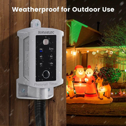 Dusk To Dawn Outdoor Timer Switch with Photocell Sensor, 15 Amp 120V installed on a wall with holiday decorations in the background.