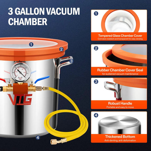 VTG VOGTEN 3-gallon vacuum chamber with stainless steel body, orange tempered glass lid, gauge, and yellow hose.