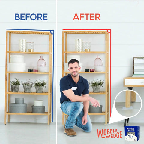 Before and after using Heavy Duty Leveling Shims for Furniture and Appliances, transparent plastic wedge stabilizing a shelf.