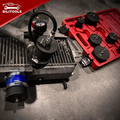 Turbo Boost Leak Tester Kit With T-Bolt Clamps And Stepped Adapters One And Three Eighths To Three And One Half Inches, product laid out