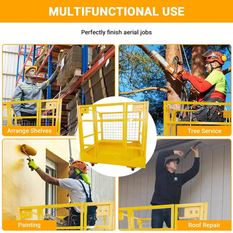 Forklift Safety Cage With Wheels 1400 Lb Capacity Collapsible Aerial Platform in use for various tasks like painting and roof repair.