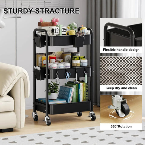 Three Tier Metal Rolling Cart On Wheels In Black with books and kitchen items, ideal for versatile storage in various rooms.