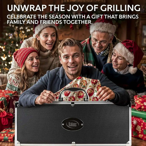 Family holding 21 Piece Heavy Duty Stainless Steel BBQ Tool Set With Apron And Aluminum Case, perfect holiday gift.