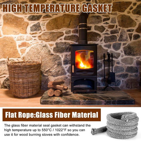 Wood stove door gasket rope, fiberglass 1 in x 98 in high-temperature seal for wood stoves.