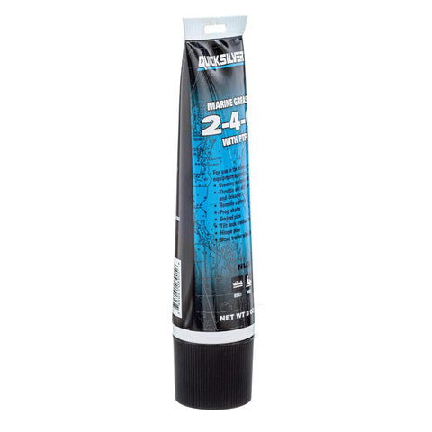 Quicksilver 8 oz marine grease tube with blue label and black cap.
