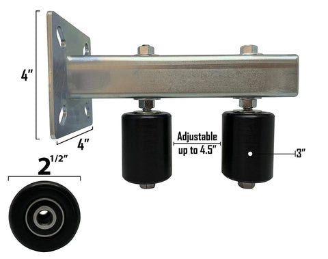 Adjustable Slide Gate Dual Guide Rollers For Sliding Gates 3 Inch Black Rear Post Bolted Bracket Mount Double UHMW Nylon