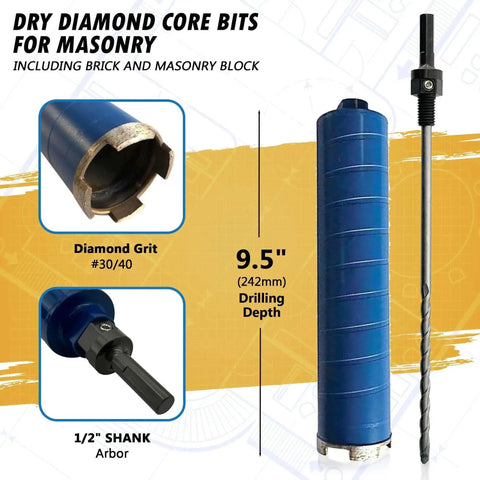 Two And A Half Inch Dry Diamond Core Drill Bits For Brick And Block With One Half Inch Shank Pilot Bit Adapter And Nine Point Five Inch Drilling Depth