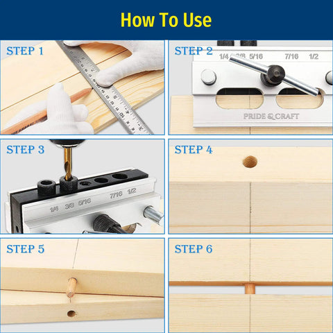 Steps for using Self Centering Dowel Jig Kit With Six Drill Guide Bushings For Precise Straight Holes In Woodworking Projects