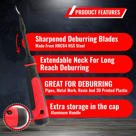 Extendable Neck Deburring Tool with Swivel Head, 4 Blades for Metal, Plastic, and 3D Printed Edges, Long Reach up to 2 Inches