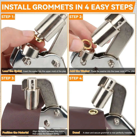 All In One 700 Set Grommet Kit With Magnetic Pliers showing 4-step grommet installation process on fabric