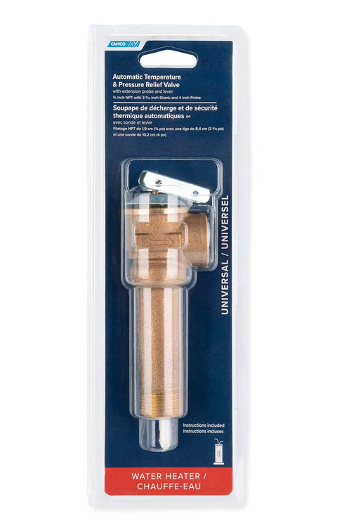 Temperature and pressure relief valve by Camco, 3/4 in, with 3-5/16 in shank and copper/brass construction