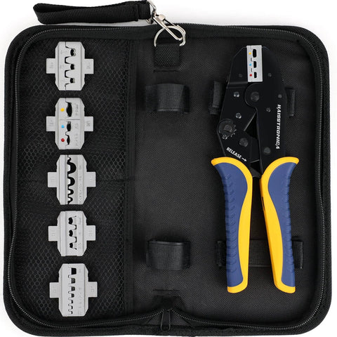 6 In 1 Ratchet Crimping Tool Kit With Interchangeable Dies For Heat Shrink, Insulated And Non Insulated Ferrule Open Barrel Connectors