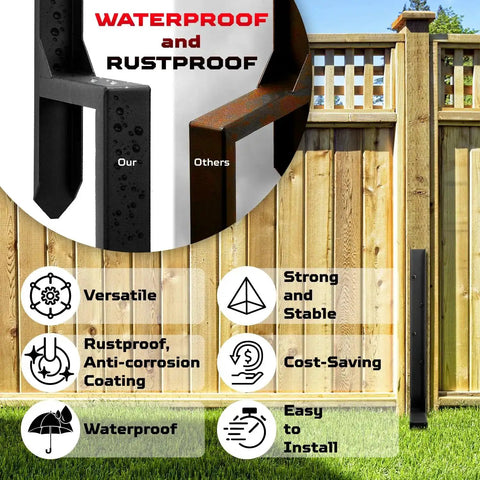 Heavy Duty Fence Post Repair Kit With Steel Ground Spike For Fixing Tilted Or Broken Wood Posts Double Leg Design Rust Resistant Powder Coated Finish Set Of 2 shown next to a wooden fence with waterproof and rustproof features highlighted.