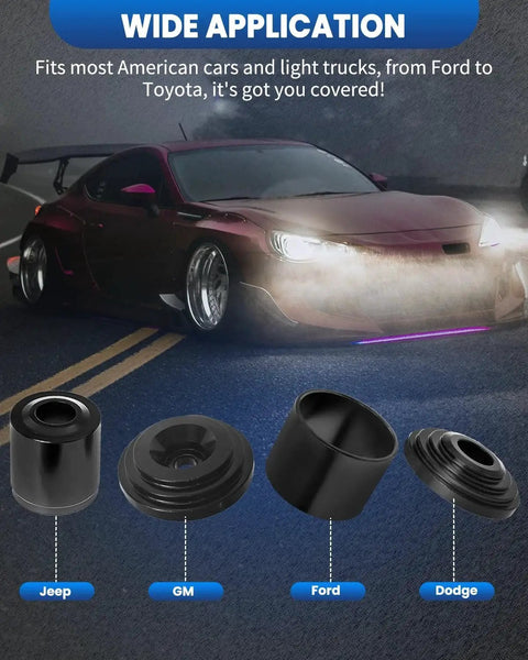 Wide application of Ball Joint Press And U Joint Kit For Cars And Light Trucks 10 Piece Set shown with car makes Jeep, GM, Ford, Dodge.