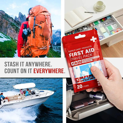 Collage showing a hiker with an orange backpack, a person holding Everlit Care Travel Bandage Pack, a boat, and a drawer with organized items.