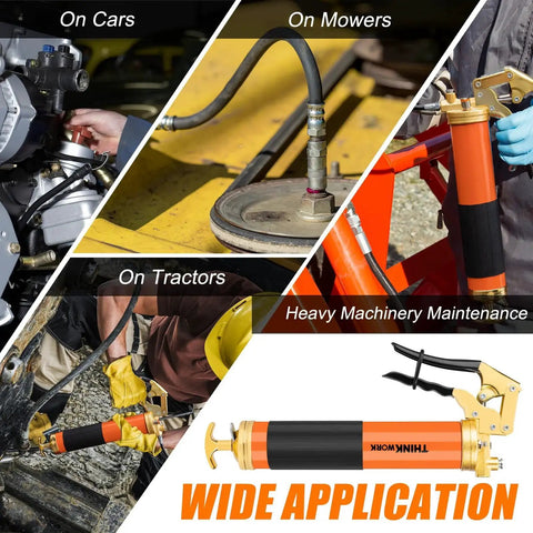 Heavy Duty 8000 PSI Grease Gun Kit With Pistol Grip For 14 Oz Tubes 0.53 Inch Coupler And 18 Inch Flex Hose 90 Degree Adapter