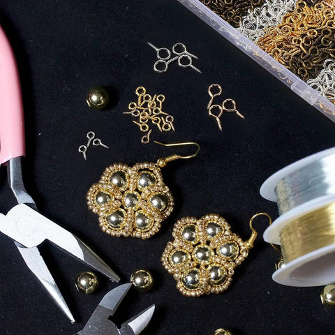 Jewelry making tools with beaded earrings and 600 Pieces Screw Eye Pins Hooks Set in 6 Colors and 3 Sizes for DIY crafts