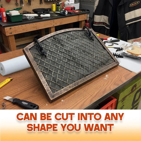 Decorative screen on a tabletop in a workshop setting with tools around, highlighting its customizable cutting feature.