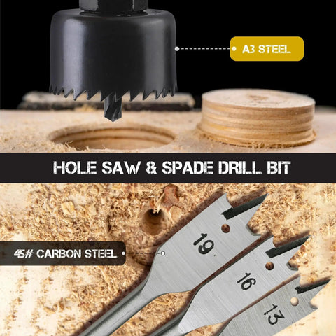 Close-up of 63 Piece Drill Bit And Screwdriver Bit Set For Wood Metal Brick And Concrete with hole saw and spade drill