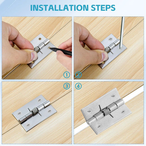 Rannb 2-inch stainless steel spring hinge for doors, self-opening, pack of 4; installation steps.