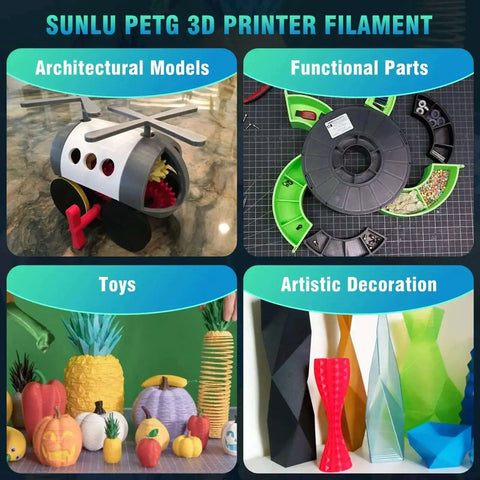PetG 3D Printer Filament 1.75mm Two Spools 2Kg Pack for models, parts, toys, decorations; images of printed items using filament