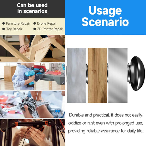 Scenarios for using 159 Piece M6 Screw Set With Button Head Socket Cap Screws Grade 10.9 Carbon Steel Black Oxide Finish Includes Nuts And Washers And Hex Wrenches For DIY Projects, featuring images of furniture, toy, and drone repair.