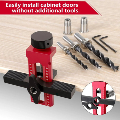 Adjustable Cabinet Door Installer Tool With Removable Base And Aluminum Alloy Construction, drill bits and hex keys, red