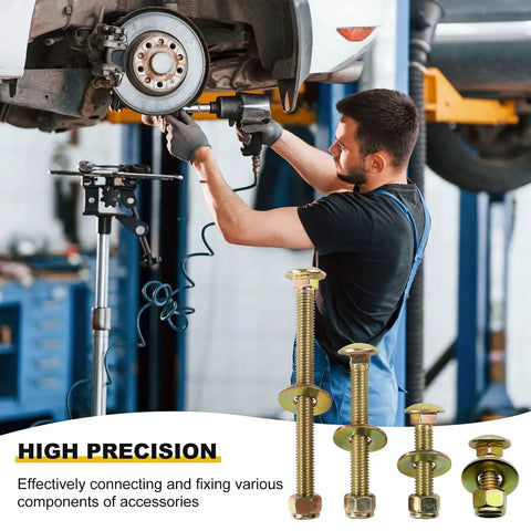 Mechanic using Three Eighths Inch By Six Inch Carriage Bolts With Square Neck And Nylon Lock Nuts, Large Washer Assortment Kit