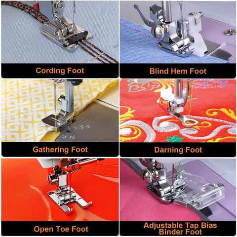 Sewing machine presser feet set, 42 pcs, for low-shank machines; six foot types shown.