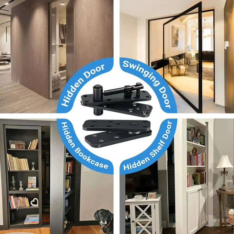 Collage showcasing stainless steel hidden door hinge pivot for secret rooms and concealed bookcase with 360-degree swing system.