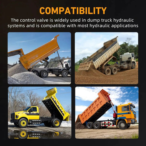 Dump trucks with PTO Hoist Air Control Kit With Kickout And K90 Valve for 10m tube in operation, showing compatibility