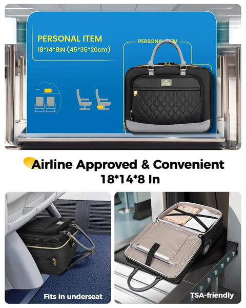 Underseat Rolling Briefcase For Travel And Work, Airline Approved Personal Item With Wheels, Fits 17.3 Inch Laptop, 18x14x8 Inches