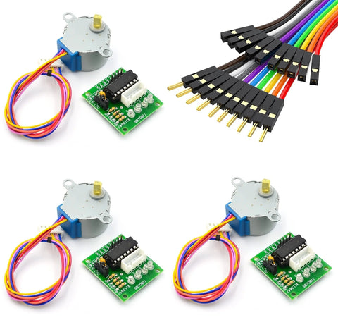 Stepper motor and driver kit front view: three 28BYJ-48 5V motors with ULN2003 boards and rainbow cables

Jumper wires bundle with black headers in rainbow colors for Arduino Raspberry Pi projects

Stepper motor and driver kit side view: 28BYJ-48 motors with ULN2003 boards and wiring

Stepper motor and driver kit angled view: three 28BYJ-48 motors with ULN2003 boards and rainbow cables