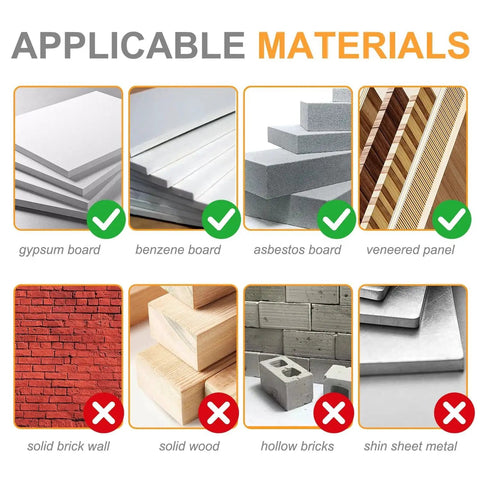 Image showing applicable materials for Drywall Anchors With Screws Kit 2026: gypsum, benzene, asbestos boards, and veneered panel. Not for brick, wood, bricks, or metal.