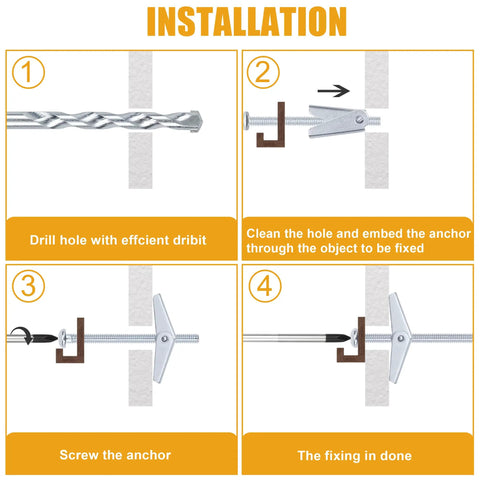 Installation steps for Hollow Wall Anchors Set 44 Pc showing drill bit, anchor insertion, screwing, and finished setup in drywall.
