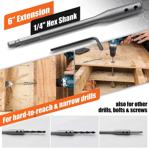 Heavy Duty Spade Drill Bit Set With 6 Inch Extension and Paddle Flat Bits for Clean Precise Wood Holes, 14 Pieces, Quick Change 1/4 Inch Hex Shank