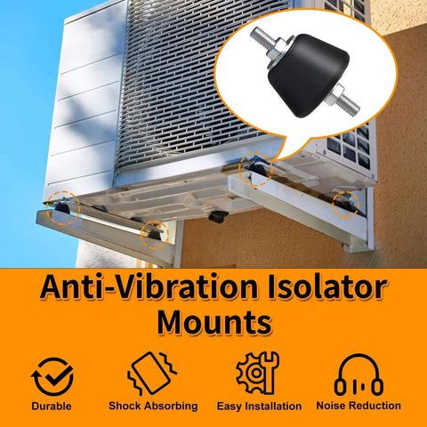 Keep machinery quiet and steady with these medium rubber anti vibration isolator mounts with studs installed under a compressor.
