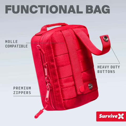 Red compact first aid kit bag for car, travel, and home with MOLLE straps, heavy-duty buttons, and premium zippers for secure closure.